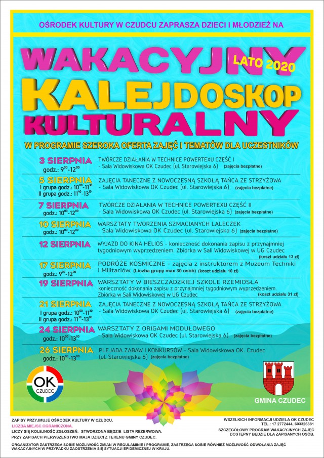 Plakat zapraszający na wakacyjny Kalejdoskop Kulturalny lato 2020
