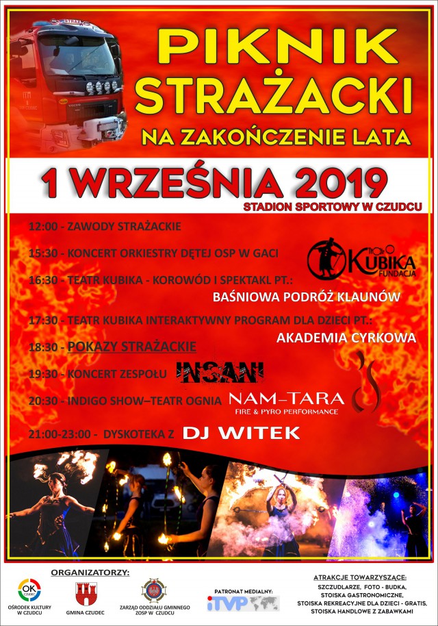 Plakat zapowiadający imprezę plenerową pt. Piknik Strażacki w dniu 1 września 2019